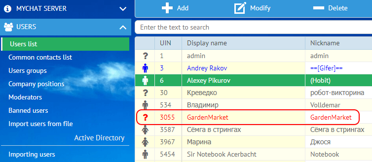Blocked user in the common list on MyChat Server