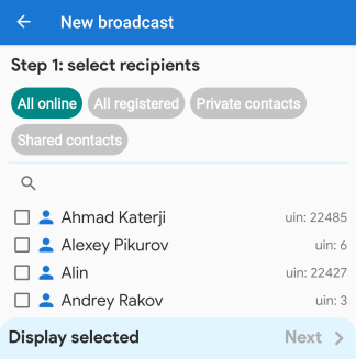 Choosing broadcast recipients in MyChat for Android