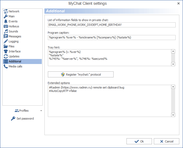 MyChat Client additional settings