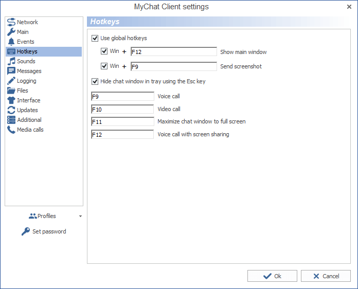 Configuring hotkeys in MyChat Client
