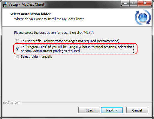 MyChat Client installation folder selection for the terminal server
