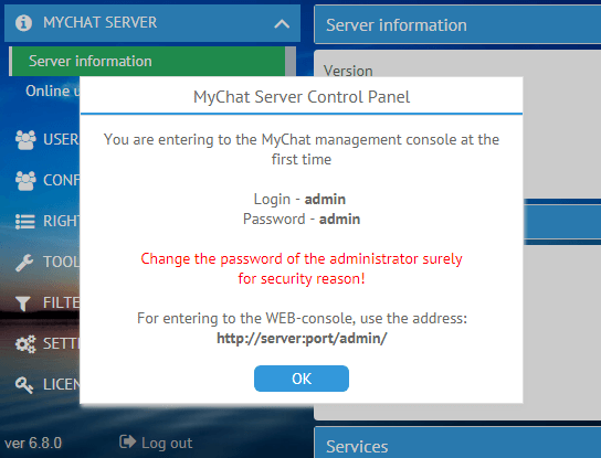 Entrance to the WEB console of MyChat Server management