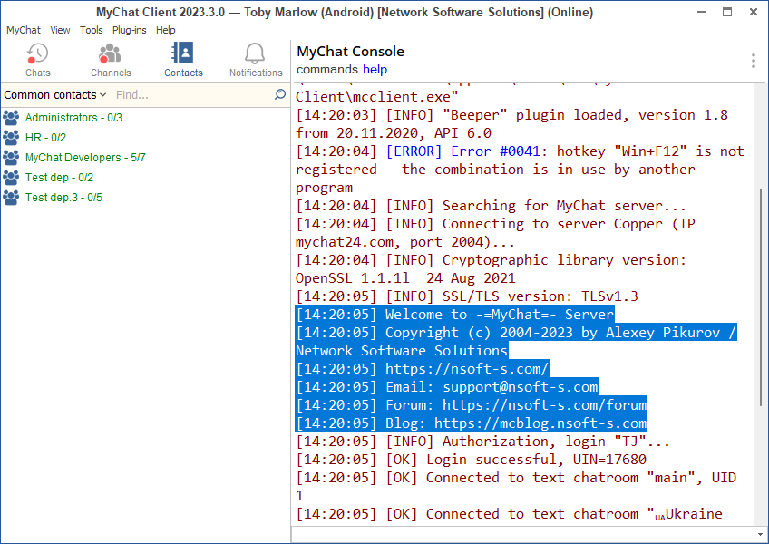 MyChat Client console greetings