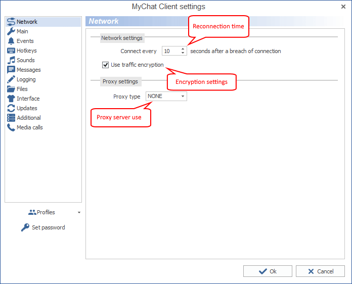 MyChat Client network settings