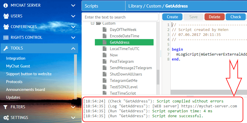 Text console of MyChat Server scripts
