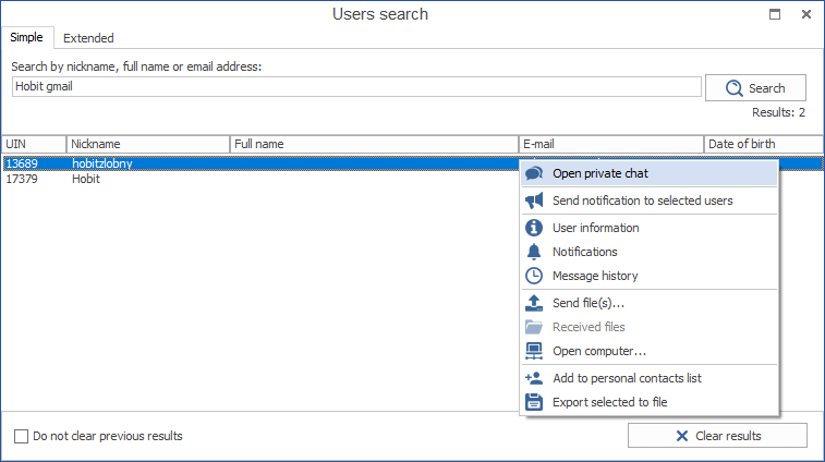 Simple search in MyChat Client